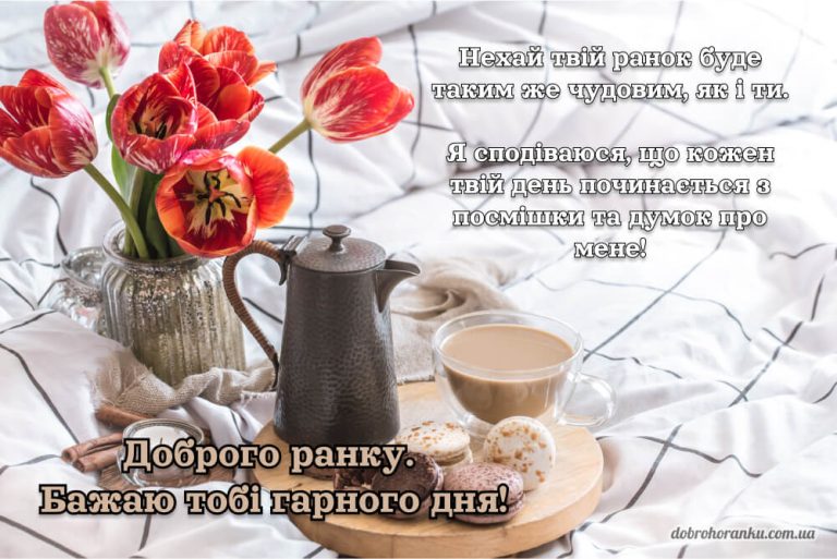 Доброго ранку, гарного дня. Нехай твій ранок буде таким же чудовим, як і ти. Я сподіваюся, що кожен твій день починається з посмішки.