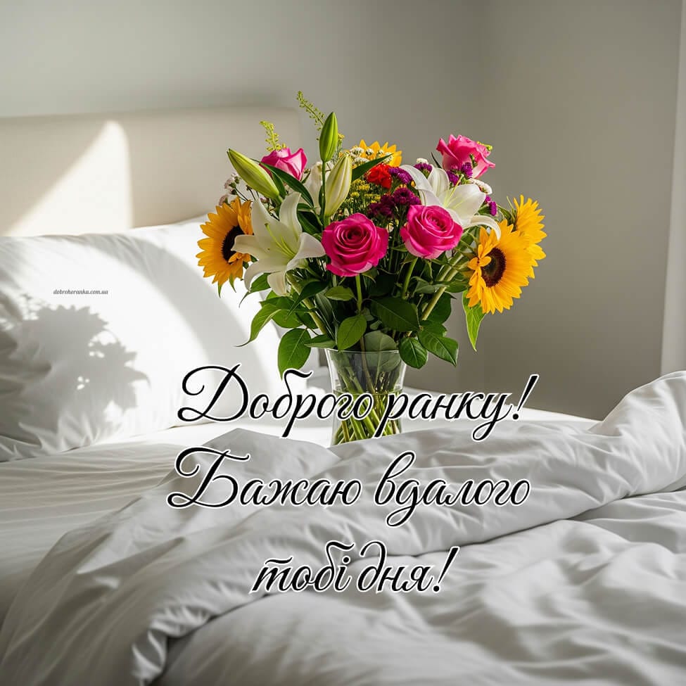 Гарна картинка для побажання доброго ранку із квітами на ліжку