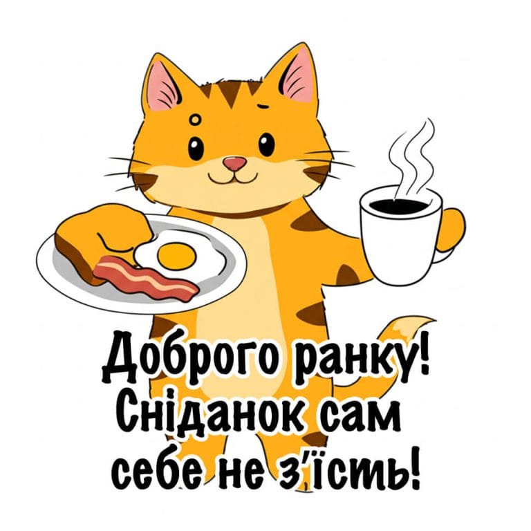 Прикольне побажання доброго ранку із котиком та сніданком