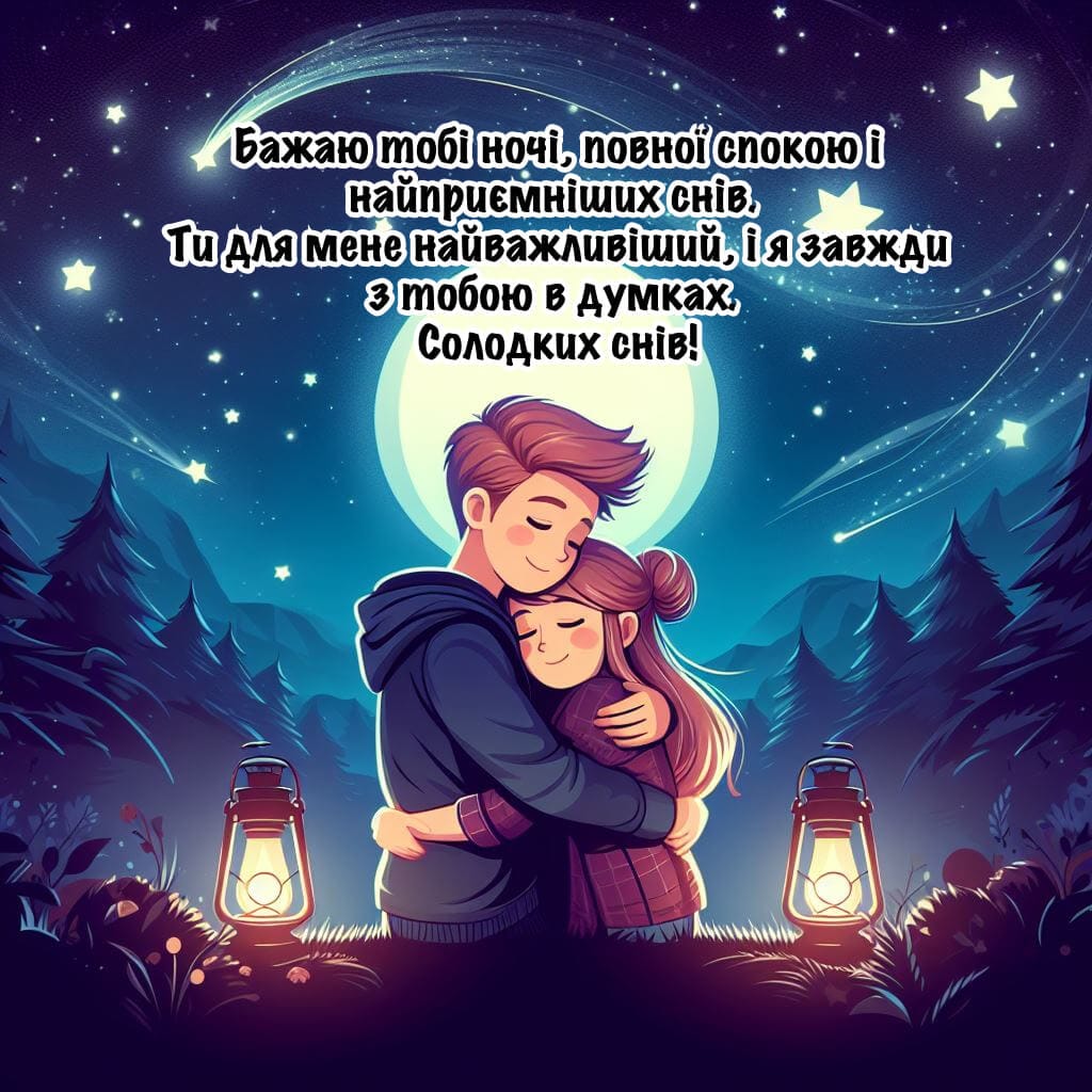 Побажання коханому на добраніч у красивій листівці